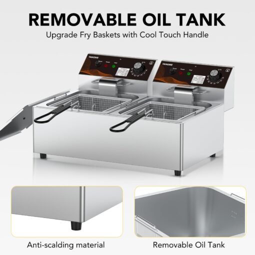 Commercial Deep Fryer with Baskets 20.7Qt Dual Tank Upgraded Electric Countertop Fryer Heavy Duty 1mm Thickened Stainless Steel Deep Fryers, 120V, 3600W, UL Certified - Image 5