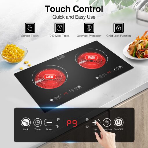 VBGK 2 Burner Electric Cooktop,110V 2400W Electric Stove Top with Touch Control,9 Heating Level,Timer & Kid Safety Lock,Built-in Radiant Double Induction Cooktop - Image 5