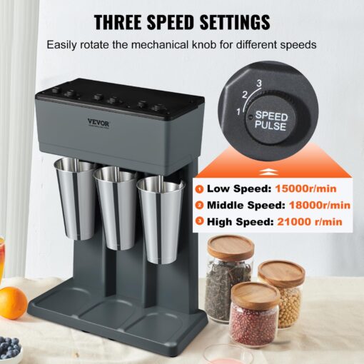 VEVOR Milkshake Maker, 375W x 3 Electric Milkshake Machine, Triple Heads Drink Mixer Blender Machine, 3-Speed Milkshake Mixer with 3 x 820 ml Stainless Steel Cups, for Commercial and Home - Image 7