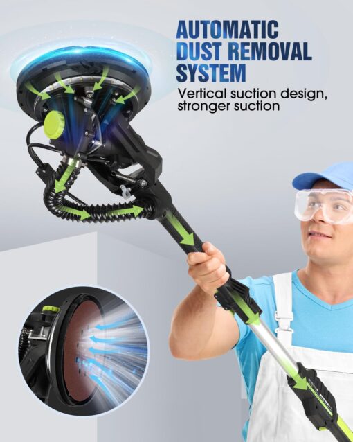 MYTOL Drywall Sander, 7.2A Electric Drywall Sander with Vacuum Dust Collection, LED Light, 6 Variable Speed Digital Display 900-1800RPM, Foldable & Extendable Handle, 9 Sanding Discs&3 Grid Sandpaper - Image 6