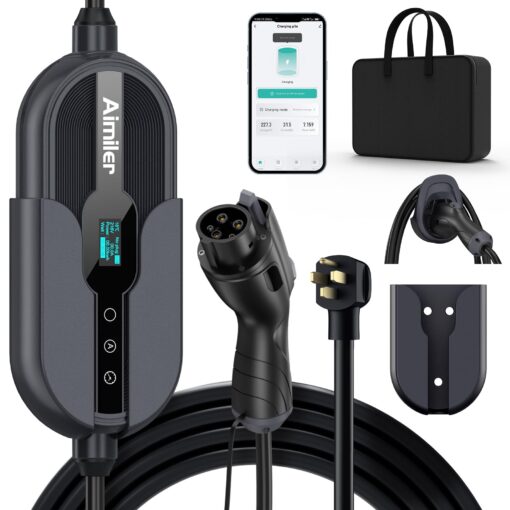 AIMILER Level 2 Electric Vehicle (EV) Charger(32Amp, 220V-240V, NEMA 14-50 Plug), 25ft Cable ETL Listed Portable Indoor/Outdoor EVSE SAE J1772 EV Car Charging Station w/Delay Timer, WiFi Enabled