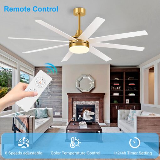 Breezary 65 Inch Ceiling Fan with Light and Remote, 8-Blade, Reversible DC Motor, 6-Speed, Timer, Industrial Ceiling Fans with Led Light Chandelier for Bedroom Office (Gold & White) - Image 8