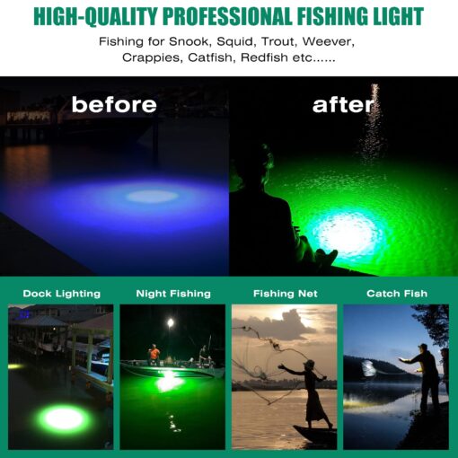 HUSUKU FS3-1 LED Underwater Fishing Light - AC110V 800W 80,000LM with 50ft Cord Green Night Fishing Finder, Fish Attractor, IP68 Led Submersible Lamp for Dock, Crappie, Snook, Squid, Shad, Shrimp - Image 3