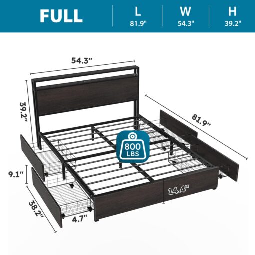 Kiivakii Full Size Bed Frame with Headboard, LED Platform Bed with 4 Storage Drawers, Built in Charging Station, Noise-Free, Metal Support Base, No Box Spring Needed, Black - Image 2