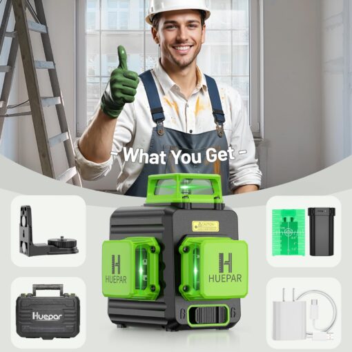 Huepar Laser Level 360 Self Leveling, 3 x 360° High Brightness Cross Line Laser for Construction and Picture Hanging, 12 Green Laser Level Tool with 5200 mAh Rechargeable Battery & Hard Carry Case - Image 2