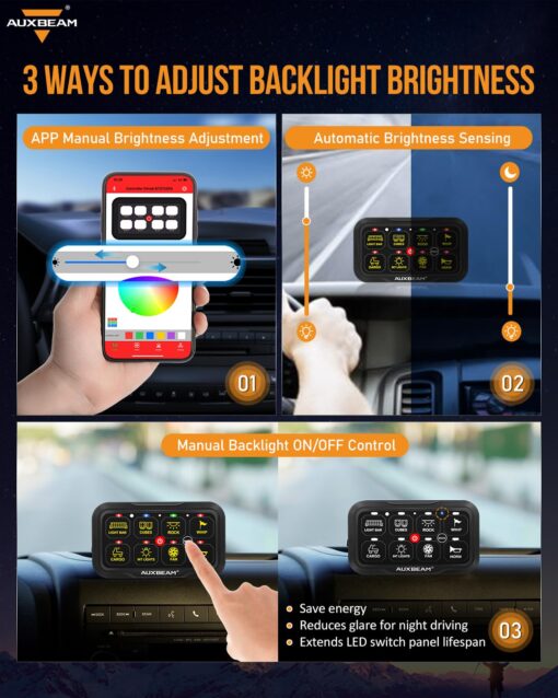 Auxbeam 8 Gang Switch Panel Bluetooth AR-800 RGB Switch Pod with Backlit Off Toggle Momentary Pulsed Auxiliary Switch Panel for Truck SUV ATV Marine RV Multifunction 12-24V Waterproof 2 Years Warranty - Image 7