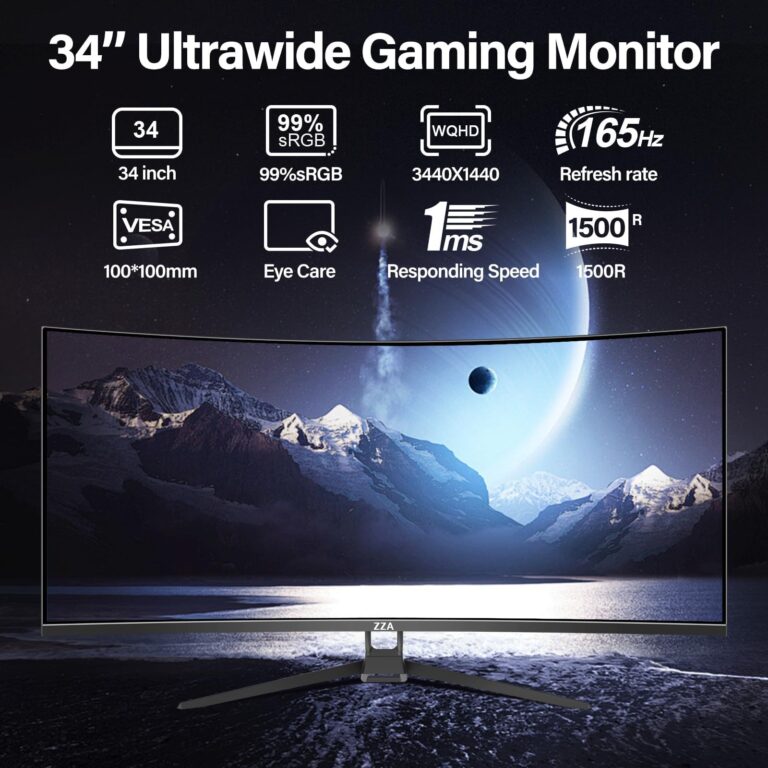 ZZA Curved Ultrawide Monitor 34 Inch,Gaming Monitor 3440 x 1440P R1500 up to165Hz(DP)/144HZ (HDMI),PC Monitors 1ms, FreeSync & G-Sync,HDR 10,122% sRGB,Computer Monitor VESA Mount Compatible - Image 9