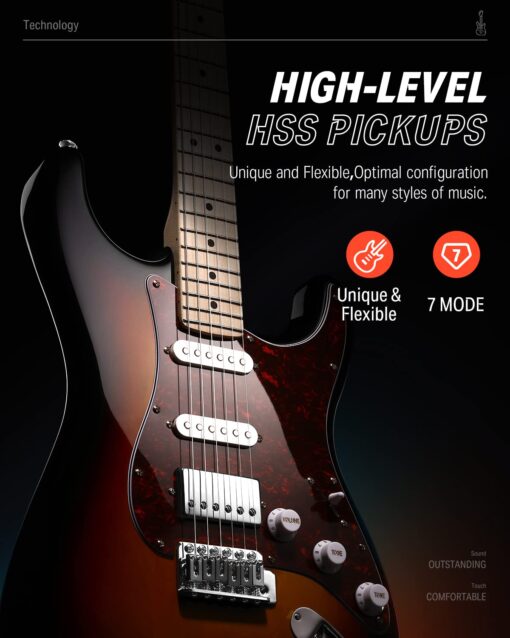 Donner Electric Guitar, DST-152S 39" Electric Guitar Kit HSS Pickup Coil Split, Guitar Starter Pack for Adult Beginners with Amp, Bag, Accessories, Sunburst - Image 5