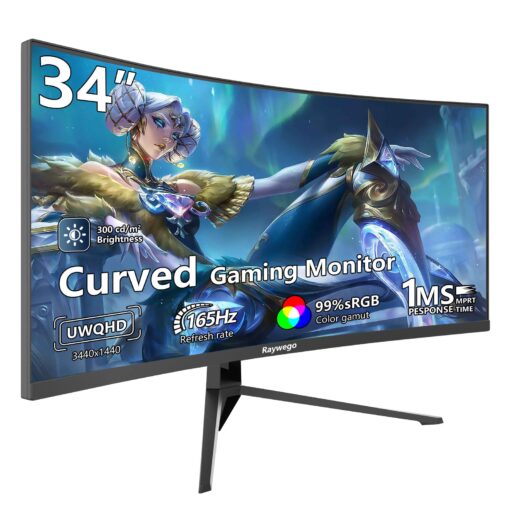Raywego 34 inch Ultrawide Curved Computer Gaming Monitor 165Hz UWQHD 3440x1440,1500R -PIP,1ms (MPRT),HDR, 300nits, sRGB99%,FreeSync,HDMI2.0(TMDS) x2,DP1.4 x2,Eye Care,Support