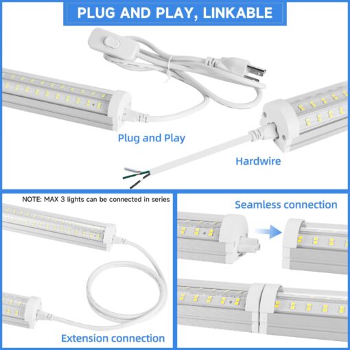 Phiwicsh 8Pack 8FT LED Shop Light, U Shape 125W Integrated LED Tube Light, 6500K Clear White, 20000LM Super Bright LED Lighting, Flush Mount/Hanging Linkable LED Ceiling Lights for Garage, Plug&Play - Image 7