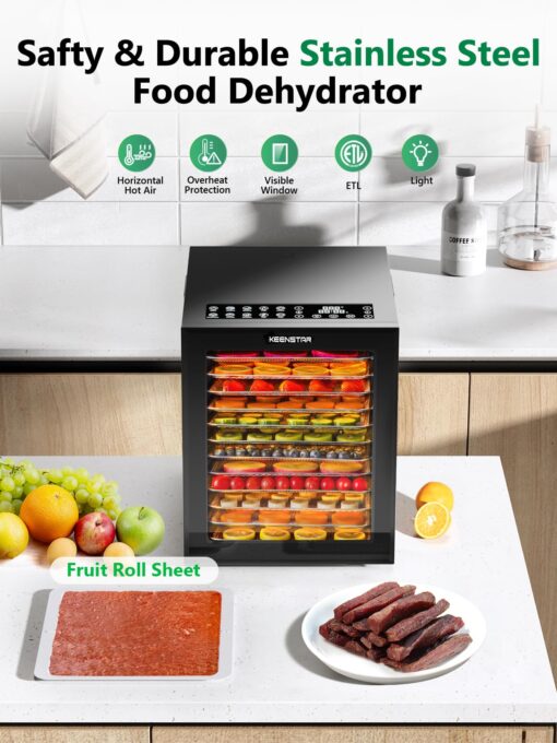KEENSTAR Food Dehydrator for Jerky, 12 Stainless Steel Trays, 10 Presets, 165℉ Temperature Control, 48H Timer, 850W Dryer Machine for Dog Treats, Herb, Veggies, Meat, Fruit - Image 4
