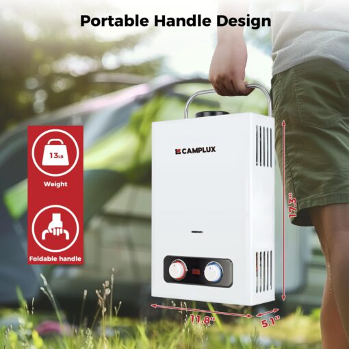 CAMPLUX Portable Tankless Water Heater, 1.58 GPM Portable Water Heater with Handle, Propane Gas Water Heater 41,000 BTU, Camping Water Heater for Outdoor, Camping, Cabin, BD158 - Image 4