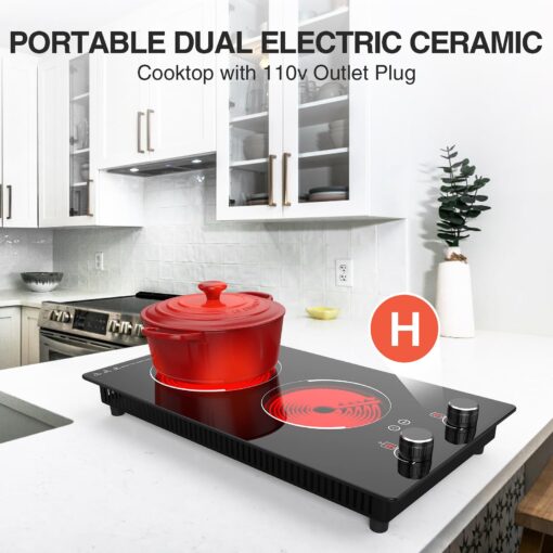 110v Electric Cooktop 2 Burners, 12'' Electric Stove Top with Plug in, GTKZW Knob Control Countertop & Built-in Ceramic Cooktop, 9 Power Levels, Child Lock, Timer, Over-Heat Protection - Image 4