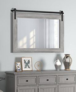 COGOOD Farmhouse Barn Door Mirror - 41" x 26" Rustic Wood Framed Wall Mirror for Bathroom, Living Room, Entryway Wall Decor (Grey)