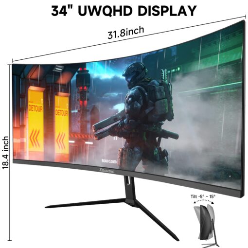 34-Inch Curved UWQHD 3440 x 1440 Gaming Monitor with 165Hz, 1ms, FreeSync, 100% sRGB, DCI-P3 95%, 1500R Curved PC Screen Ultrawide 21:9, HDMI(2.1)x 2 & DisplayPort x 2, Build-in Speakers, VESA,Tilt - Image 2