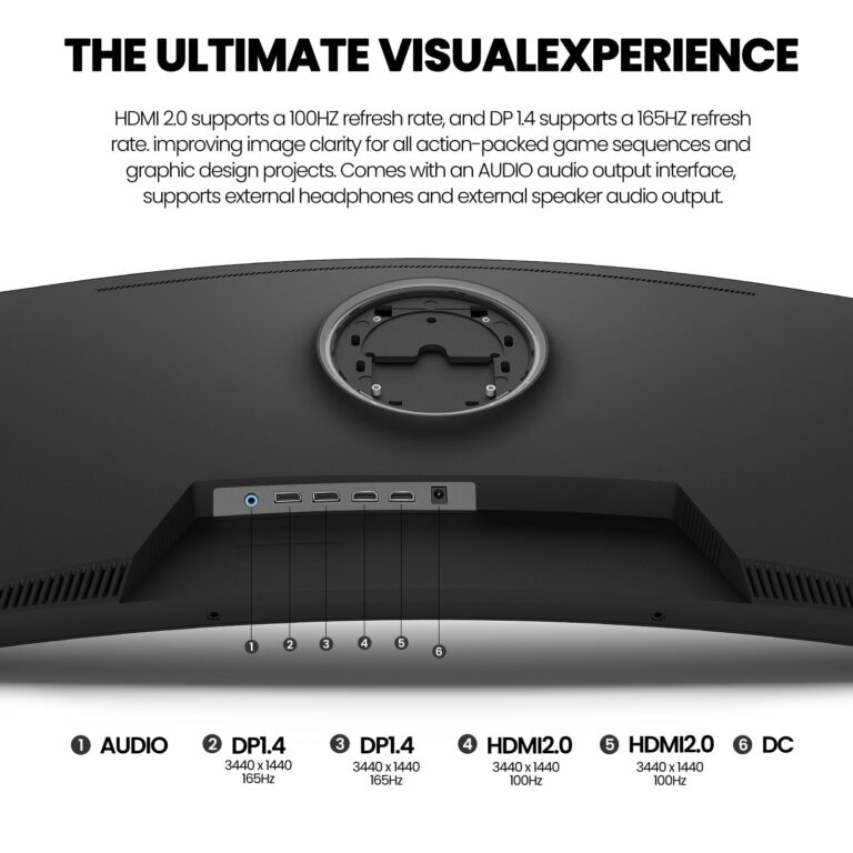 CRUA 34" Curved Gaming Monitor, WQHD 3440x1440, 144Hz/165Hz Computer Monitors, 1500R VA Screen, 120% sRGB, AMD FreeSync, HDMI 2.0 & DP 1.4, Wall Mountable Installs- Black - Image 6