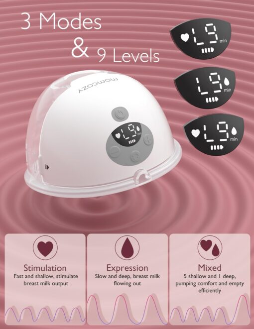 Momcozy M5 Hands-Free Wearable Breast Pump, Double-Sealed Flange for Baby-Like Comfort, 3 Modes & 9 Suction Levels, Portable Electric Pump – 24mm, 2-Pack Quill Gray - Image 5