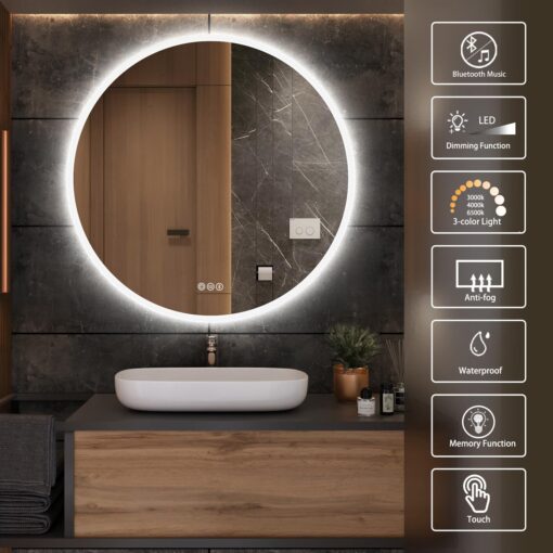 S·BAGNO 32’’ Round Led Bathroom Mirror with Lights, Backlit and Front Lighted, Wall-Mounted Vanity Mirror 3000K/4000K/6500K, Inside Bluetooth Speaker Anti-Fog Dimmable Smart Mirror - Image 3