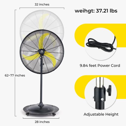 FUGOO 30'' Oscillating Pedestal Fan With Brushless DC Motor, Large Air Flow range From 3200CFM to 8800CFM, 4-Speed Heavy Duty Industrial Floor Fans for Factory, Commercial, Garage, Warehouse,Shop - Image 6