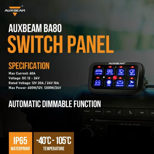 Auxbeam 8 Gang Switch Panel BA80 Automatic Dimmable LED Touch Control Panel Box Electronic Relay System Car Touch Switch Box Universal for Truck ATV UTV Boat Marine SUV Caravan -Blue, 2 Years Warranty - Image 2