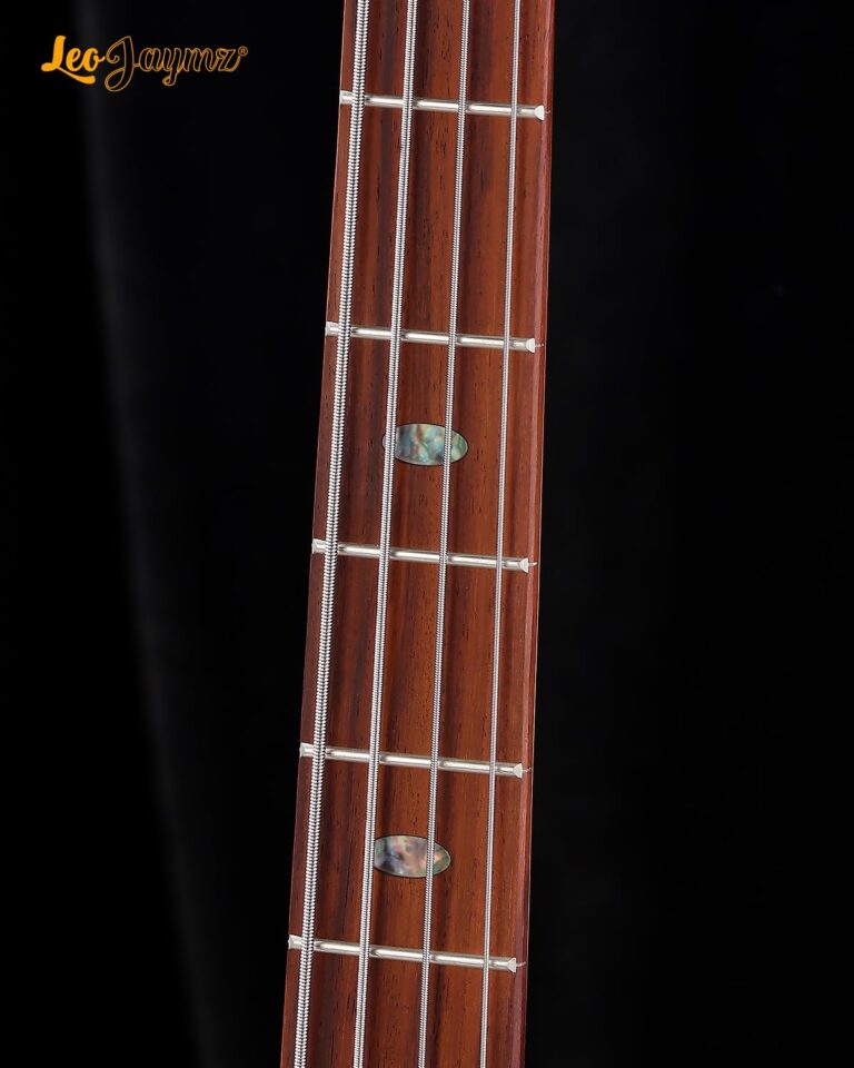 Leo Jaymz CB-400 4 String 34" Scale Electric Bass Guitar, 24 Frets, Mahogany Body, Rosewood Fingerboard with Abalone Inlays, Roasted Maple Neck, H-H Pickups, Glossy Body Finish (CB Flame Blue) - Image 3