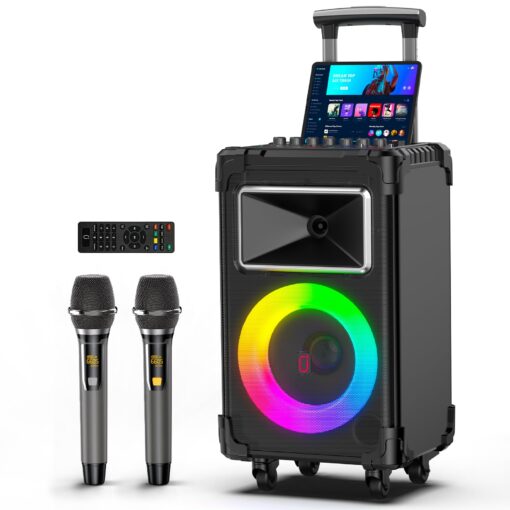 JYX Karaoke Machine, 10" Woofer Big Bluetooth Karaoke Speaker, Portable Microphone Speaker with 2 Wireless Mics, Party Lights, Supports Vocal Cut, TWS/Bluetooth/REC/USB/TF/AUX