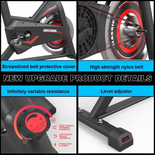 GOFLYSHINE Exercise Bikes Stationary,Exercise Bike for Home Indoor Cycling Bike for Home Cardio Gym,Workout Bike with pad Mount & LCD Monitor,Silent Belt Drive (Black-red) - Image 6