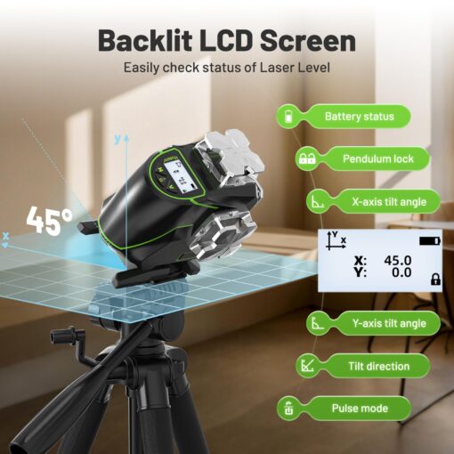 Huepar Laser Level 360 Self Leveling, 4x360° Green Cross Line Laser with LCD Screen, 4D Bluetooth Outdoor Pulse Mode Laser Tool for Construction -Remote Control, Li-ion Battery or 4 AA Batteries-S04CG - Image 9