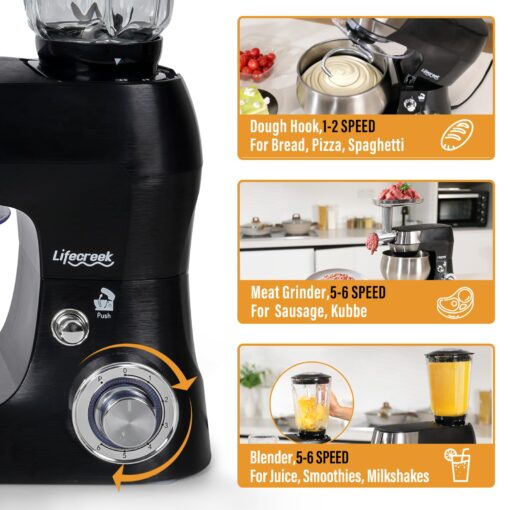 Lifecreek 6-in-1 Multifunctional Stand Mixer, 5.3Qt 660W, 6-Speed Tilt-head, Electric Kitchen Mixer with Stainless Steel Bowl,Meat Grinder, Juice Blender (Black) - Image 5