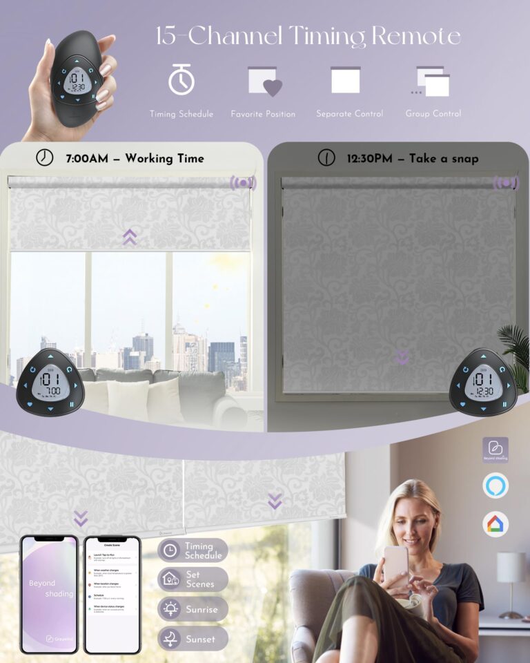 Graywind Smart Blackout Roller Shades Work with Alexa Google Patterned Textured Fabric Rechargeable Motorized Blinds Cordless Remote Control Window Shades, Custom Size (Floral Jacquard White) - Image 5