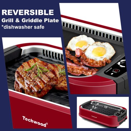 Indoor Smokeless Grill, Techwood 1500W Electric Indoor Grill with Tempered Glass Lid, Portable Non-stick BBQ Korean Grill, Turbo Smoke Extractor Technology, Drip Tray& Double Removable Plate, Red - Image 6
