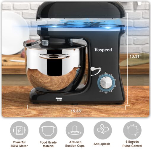 Vospeed 9 IN 1 Stand Mixer, 850W Tilt-Head Multifunctional Electric Mixer with 8 QT Stainless Steel Bowl, 1.5L Glass Jar, Meat Grinder, Hook, Whisk, Beater Dishwasher Safe (Black) - Image 3