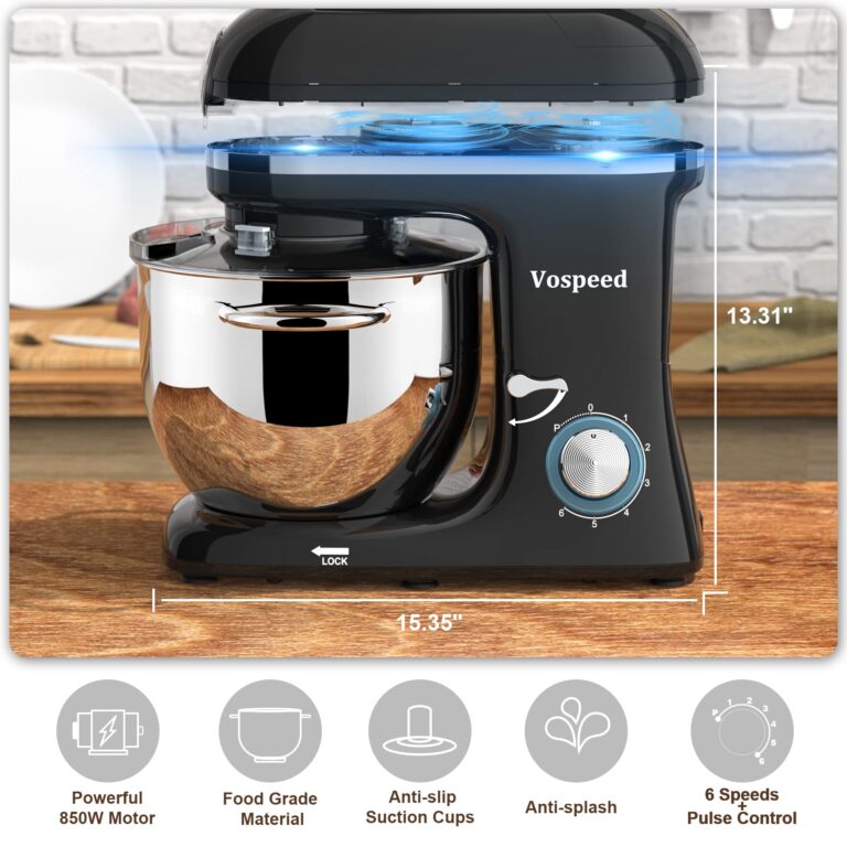 Vospeed 9 IN 1 Stand Mixer, 850W Tilt-Head Multifunctional Electric Mixer with 8 QT Stainless Steel Bowl, 1.5L Glass Jar, Meat Grinder, Hook, Whisk, Beater Dishwasher Safe (Black) - Image 3