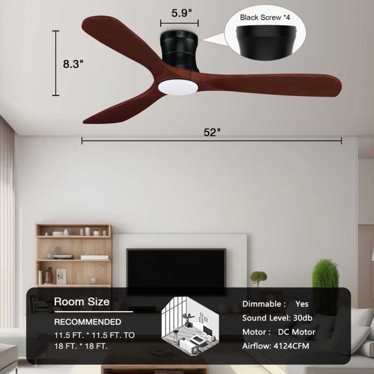 52” Smart Low Profile Ceiling Fans with Lights Remote,3 Wood blade,Quiet DC Motor,Outdoor Indoor Flush Mount Ceiling Fan,Voice Control via WIFI Alexa App,Modern Lighting& Ceiling fan for Bedroom Patio - Image 2
