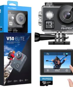 AKASO V50 Elite 4K60fps Touch Screen WiFi Action Camera Voice Control EIS 131 feet Waterproof Camera 8X Zoom Remote Control (with 64GB MicroSD Card)