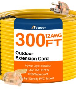 BBOUNDER 300 FT Super Size Outdoor Extension Cord Waterproof, 12/3 SJTW Heavy Duty 15A 1875W, Flexible 100% Copper 3 Prong Cords for Commercial Use and High Power Appliance, Yellow