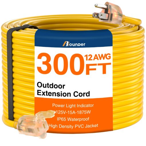 BBOUNDER 300 FT Super Size Outdoor Extension Cord Waterproof, 12/3 SJTW Heavy Duty 15A 1875W, Flexible 100% Copper 3 Prong Cords for Commercial Use and High Power Appliance, Yellow