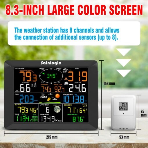 Sainlogic 8.3 Inch Color Display WLAN Weather Stations Wireless Indoor Outdoor with 7-in-1 Rain Gauge and Wind Speed Sensor, Internet Wireless Weather Station Remote Monitoring System - Image 6