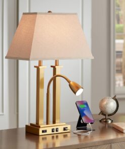 Possini Euro Design Deacon Modern Desk Table Lamp with USB and AC Power Outlet in Base LED Gooseneck 26" High Antique Brass Oatmeal Linen Drum Shade for Living Room Bedroom Bedside Nightstand