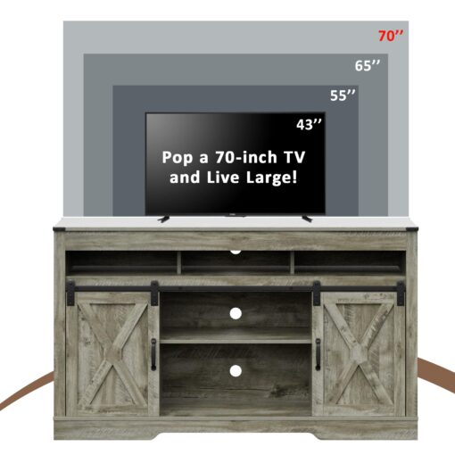 RoyalCraft Farmhouse TV Stand with Sliding Barn Door for TVs up to 65+ Inch, 34" Tall Entertainment Center, Wood Media Console Storage Cabinet for Bedroom, Living Room, Light Grey - Image 3