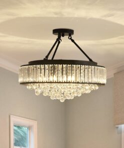 YYJLX 6-Light Modern Large Crystal Chandelier Black Metal E26 Semi Flush Mount Round Light Fixture Ceiling Lamp Farmhouse for Dining Living Room Laundry Foyer Kitchen Balcony Bedroom