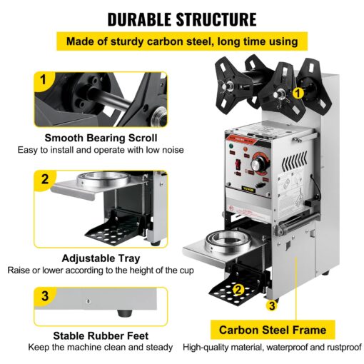 VEVOR Semi-automatic Cup Sealing Machine, 300-500 Cup/h Tea Cup Sealer Machine, Silver Boba Cup Sealer Machine, 90/95mm Cup Diameter Boba Cup Sealing Machine with Control Panel for Bubble Milk Tea - Image 5