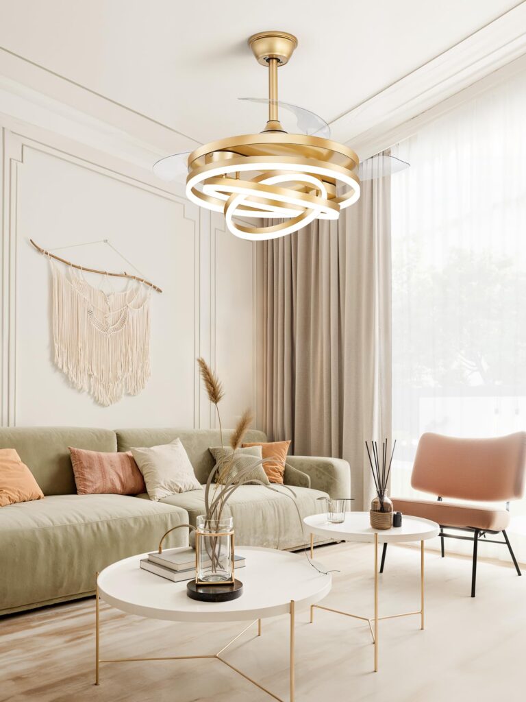 LEDIARY 42 Inch Retractable Ceiling Fan with Lights, Fandelier Ceiling Fan with 6 Speeds,3000K-6000K Adjustable,and DC Motor,Chandelier Ceiling Fans with Lights and Remote for Bedroom Living Room,Gold - Image 2