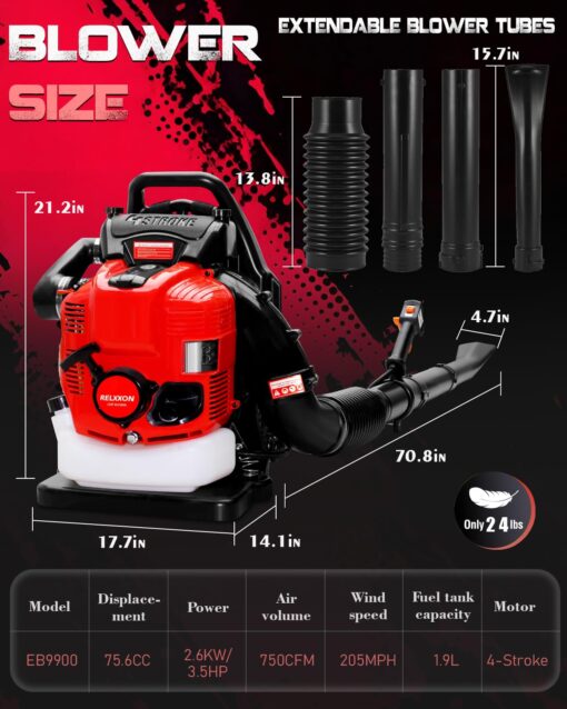 Relxxon 4-Stroke Gas Backpack Leaf Blower – 75.6cc, Heavy-Duty Yard Blower, 205 MPH/750 CFM, No Fuel Mixing, for Lawn Care and Snow Removal and Outdoor Cleanups (BBX0099) - Image 5