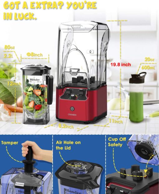 CRANDDI Quiet Commercial Blender with Soundproof Shield, 2200 Watt Professional Blenders for Kitchen with 80oz Pitcher and Self-Cleaning, High-Speed Blenders K90 Red - Image 6