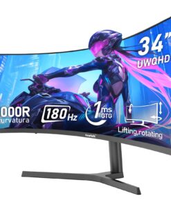 Gawfolk 34 Inch Ultrawide Curved 180Hz Gaming Computer Monitor 1000R PC screen 21:9 UWQHD (3440x1440) ,1ms,100%sRGB,Adaptive Sync,Display Port、HDMI,Liftable Stand,Wall Mount Compatible 75*75mm-Black
