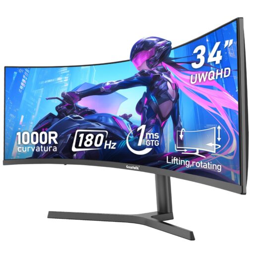 Gawfolk 34 Inch Ultrawide Curved 180Hz Gaming Computer Monitor 1000R PC screen 21:9 UWQHD (3440x1440) ,1ms,100%sRGB,Adaptive Sync,Display Port、HDMI,Liftable Stand,Wall Mount Compatible 75*75mm-Black