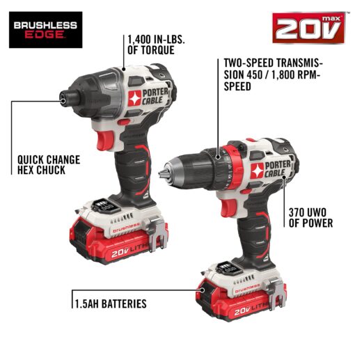 PORTER-CABLE 20V MAX Cordless Drill and Impact Driver, Power Tool Combo Kit with 2 Batteries and Charger (PCCK619L2) - Image 2