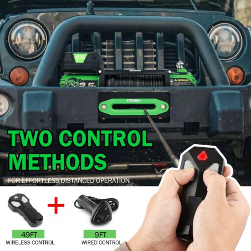 STEGODON Winch 9500lb Electric Winch 12V Winch with Synthetic Rope Car Trailer Winch with Green Hawse Fairlead Wireless Remote and Wired Handle for Truck SUV Jeep - Image 3