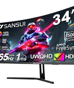 SANSUI 34-Inch Curved Gaming Monitor UWQHD 3440 x 1440 165Hz Curved 1500R - PIP/PBP, 1ms(MPRT), HDR, 300nits, sRGB 125%, DCI-P3 95%,FreeSync,HDMI x2,DP1.4 x2 (ES-G34C5 DP Cable Included)